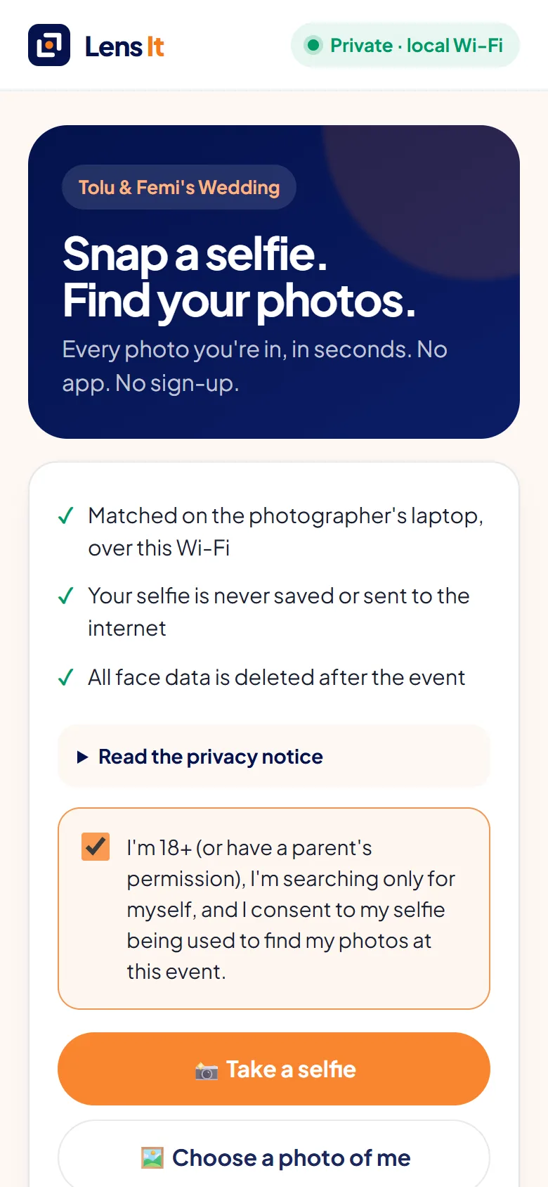 Lens It guest page on a phone: consent and take-a-selfie buttons