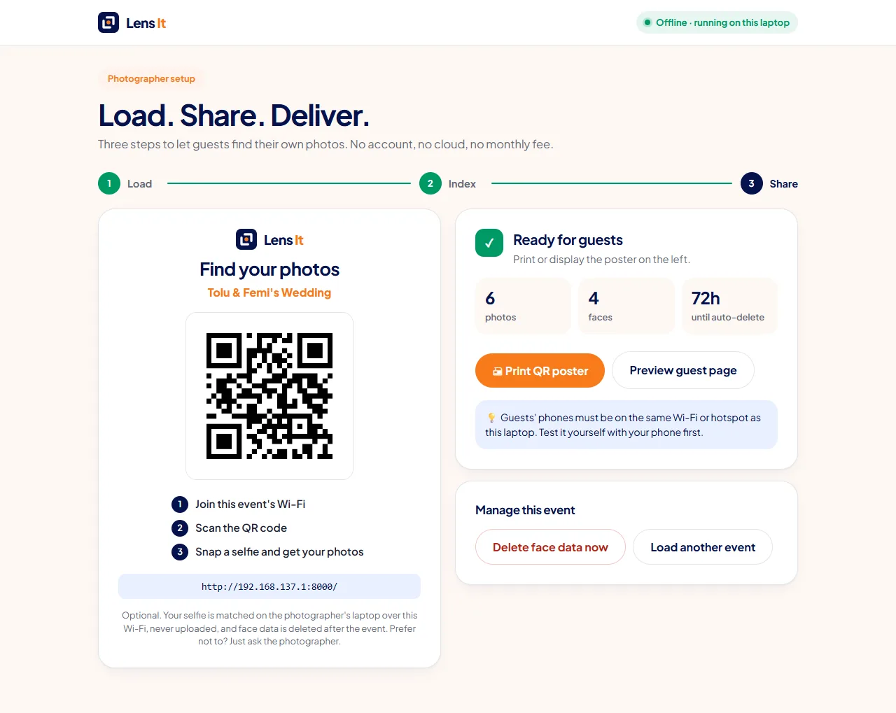 Lens It share screen with a printable QR poster and event stats